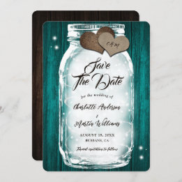 Country Teal Wood Hearts Lights Mason Jar Wedding Save The Date