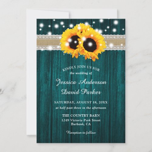 Country Teal Wood Sunflower Wedding Invitations