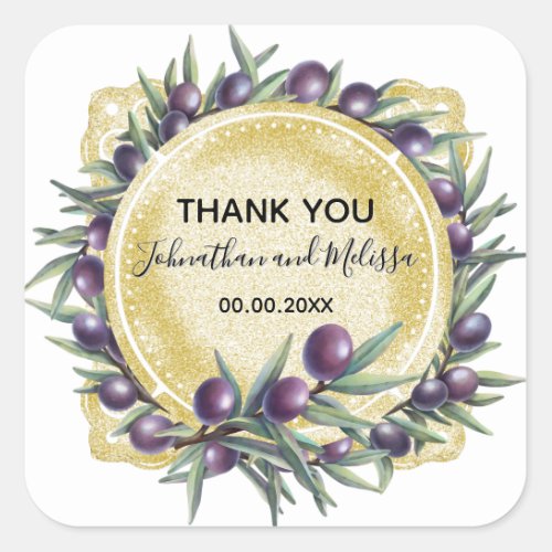 Country thank you olive wreath purple green couple square sticker