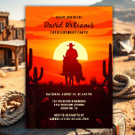 Country Theme Western Cowboy 50th Birthday Party Invitation<br><div class="desc">Celebrate a milestone in true Western style with this Rustic Cowboy 50th Birthday Invitation! Featuring a stunning sunset silhouette of a cowboy on horseback, set against a desert landscape with cacti and a warm rustic color palette, this invitation is perfect for country, Western, or cowboy-themed birthday parties. Ideal for men...</div>