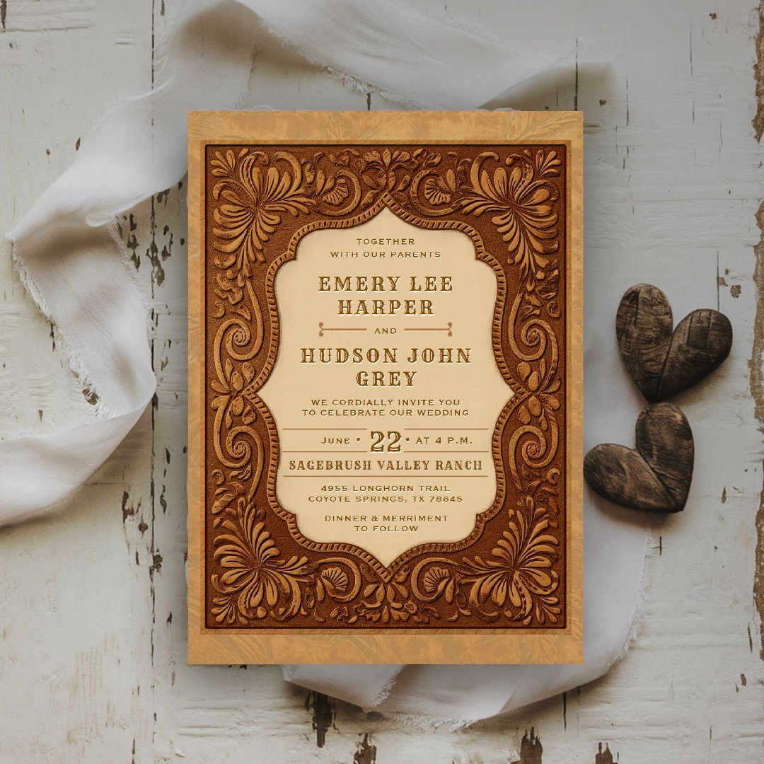Country Tooled Leather Western Barn Rustic Wedding Invitation (rustic country wedding invitation western cowboy tooled leather frame elegant barn ranch charm)