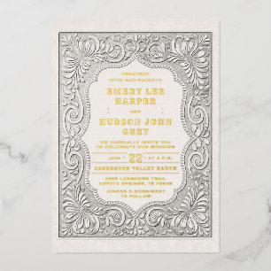 Country Tooled Leather Western Gold Rustic Wedding Foil Invitation