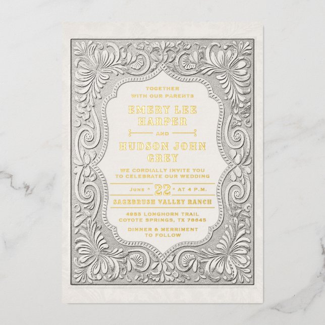 Country Tooled Leather Western Gold Rustic Wedding Foil Invitation (Front)