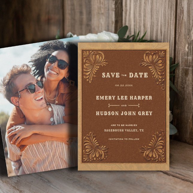 Country Tooled Leather Western Rustic Wedding Save The Date (country rustic cowboy wedding save the date faux tooled leather terracotta cream western)