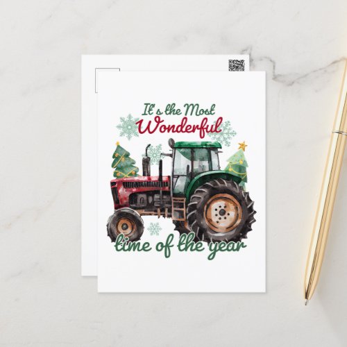 Country tractor watercolor Christmas Holiday Postcard