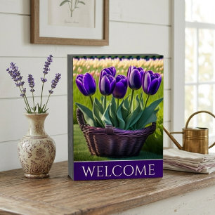 Country Tulips Welcome Wooden Box Sign