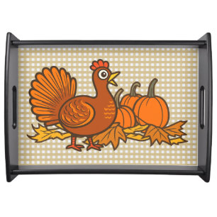 Country Turkey and Pumpkins on Check Background Serving Tray