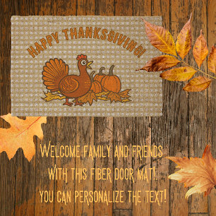 Country Turkey Pumpkins Happy Thanksgiving! Fiber Doormat