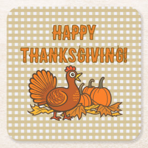 Country Turkey Pumpkins Happy Thanksgiving! Square Paper Coaster