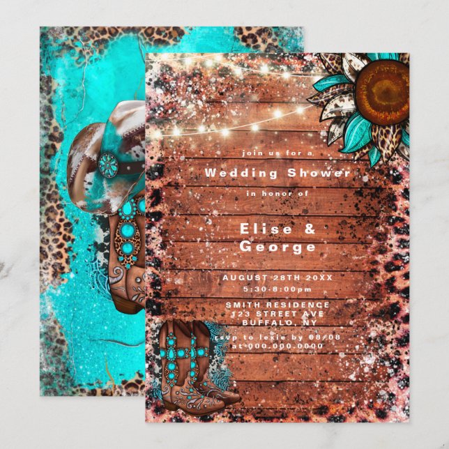 Country Turquoise Boots Wedding Shower Invitations (Front/Back)
