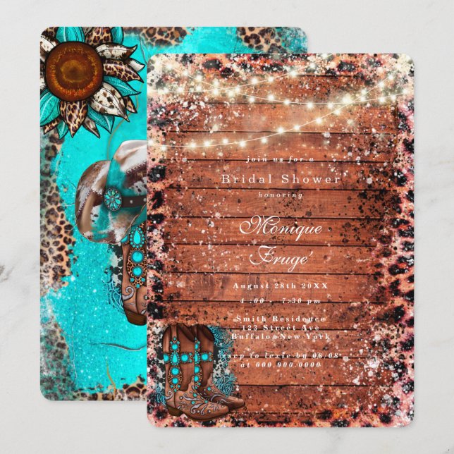 Country Turquoise Cowboy Boots Bridal Shower Invitation (Front/Back)
