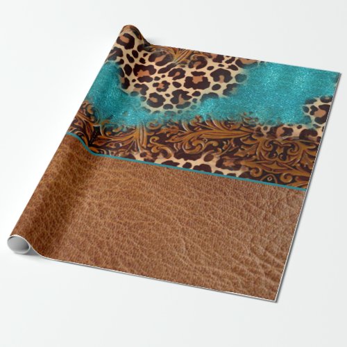 Country Turquoise Leopard Brown Faux Leather Wrapping Paper