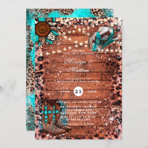 Country Turquoise Lights Wood Boots Wedding Invitation