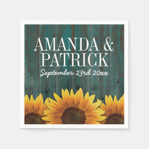 Country Turquoise Wood + Rustic Sunflower Wedding Paper Napkins