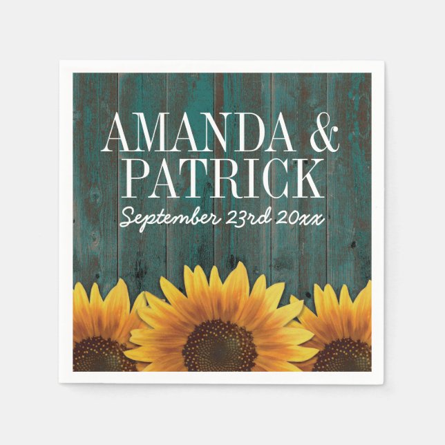 Country Turquoise Wood + Rustic Sunflower Wedding Paper Napkins (Front)