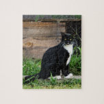 Country Tuxedo Cat Jigsaw Puzzle<br><div class="desc">A black and white tuxedo cat with its mouth open meowing,  in a country outdoor rustic setting.</div>