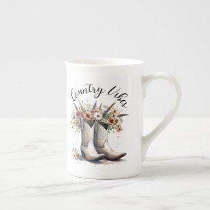 Country Vibes Western Boots and Flowers Watercolor Bone China Mug