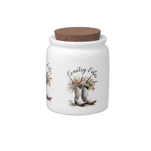 Country Vibes Western Boots and Flowers Watercolor Candy Jar