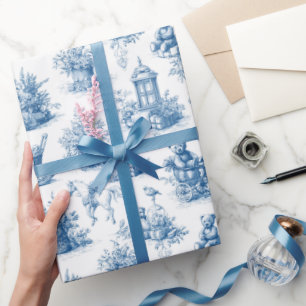 Country Vintage Christmas Toile de Jouy Blue Wrapping Paper