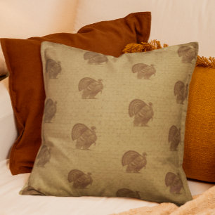 Country Vintage Disstressed Faded Gold Turkeys Throw Pillow