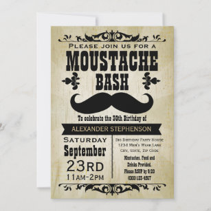 Country Vintage Moustache Bash Birthday Party Invitation