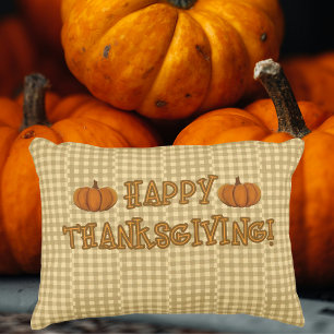 Country Vintage Neutral Check Thanksgiving Pumpkin Accent Pillow