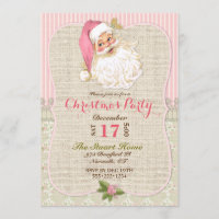 Country Vintage Santa Claus Pink Burlap Lace Invitation