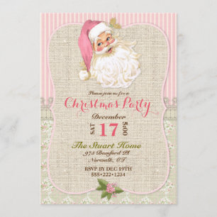Country Vintage Santa Claus Pink Burlap Lace Invitation