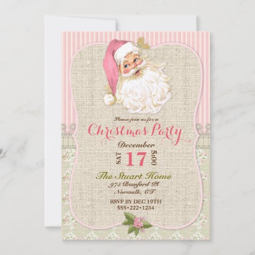 Country Vintage Santa Claus Pink Burlap Lace Invitation