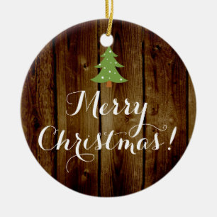 Country Vintage Wood Brown Green Merry Christmas Ceramic Ornament