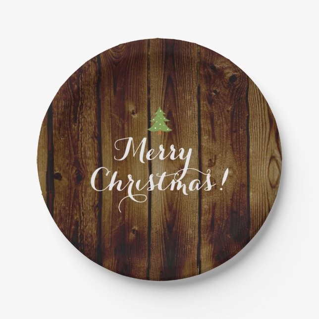 Country Vintage Wood Merry Christmas Paper Plates (Front)