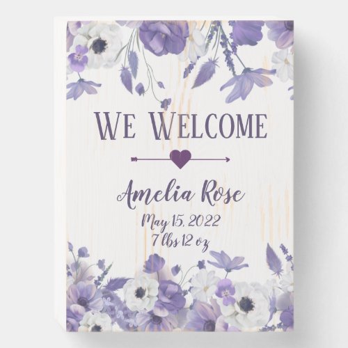 Country Violets We Welcome Birth Announcement Wooden Box Sign