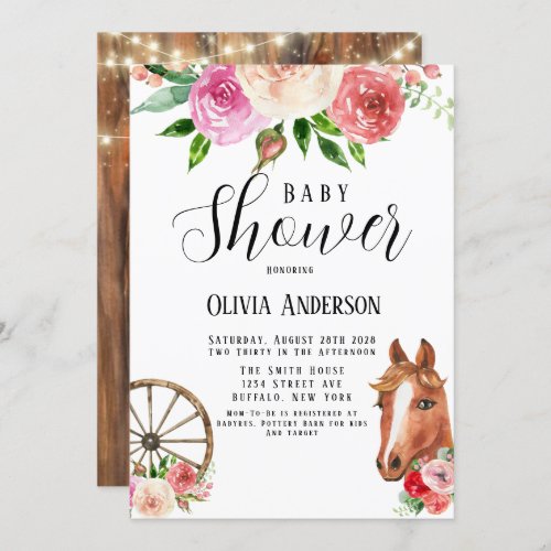 Country Wagon Wheel Horse and Florals Baby Shower  Invitation