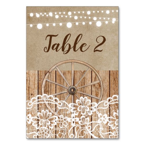 Country Wagon Wheel Lace Rustic Barn Wedding Table Number
