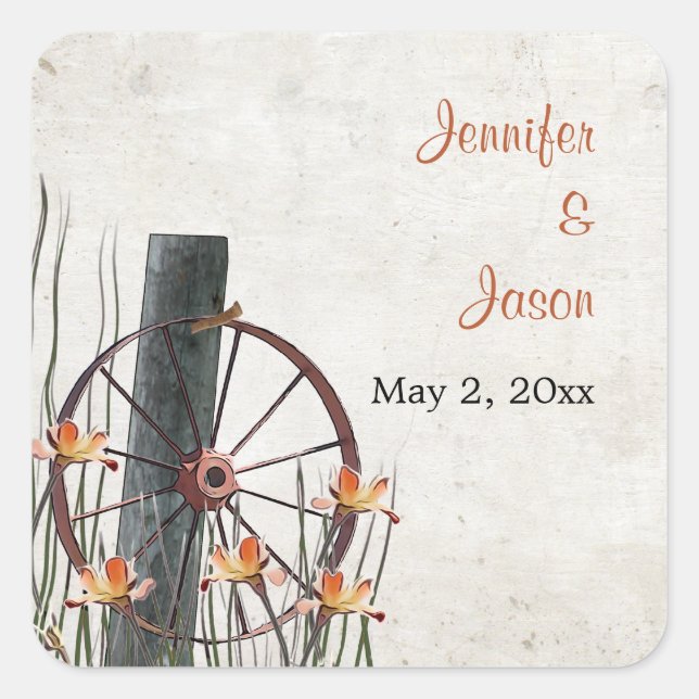 Country Wagon Wheel - Save the Date Square Sticker (Front)
