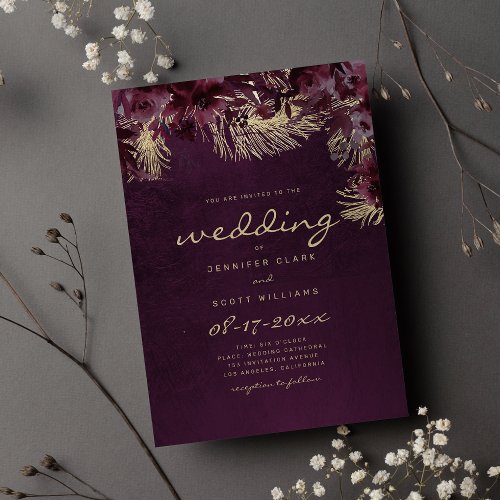 Country watercolor burgundy gold floral wedding invitation