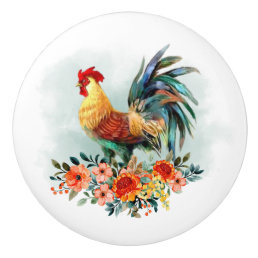 Country Watercolor Chicken Rooster Floral Bouquet Ceramic Knob