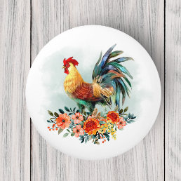 Country Watercolor Chicken Rooster Floral Bouquet Ceramic Knob