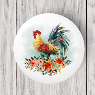 Country Watercolor Chicken Rooster Floral Bouquet Ceramic Knob
