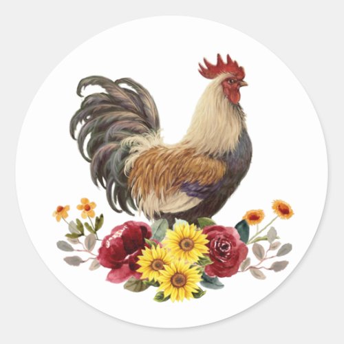 Country Watercolor Chicken Rooster Floral Bouquet Classic Round Sticker