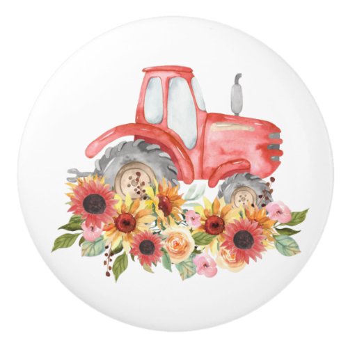 Country Watercolor Farm Tractor in Floral Bouquet Ceramic Knob