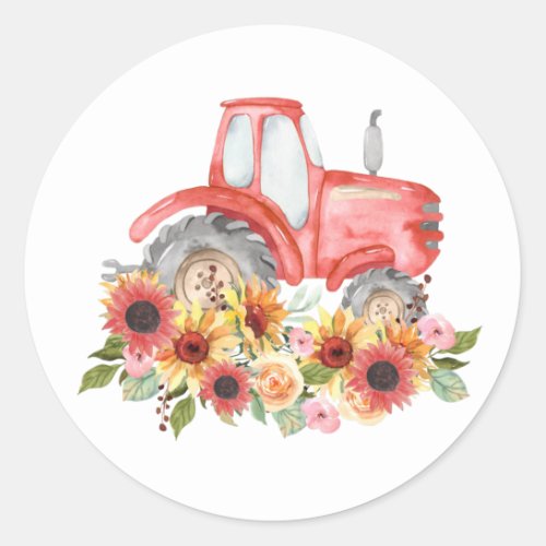 Country Watercolor Farm Tractor in Floral Bouquet Classic Round Sticker