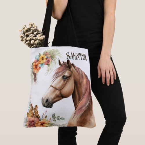 Country watercolor horse fall boho name tote bag