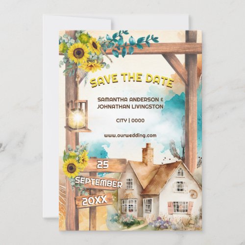 Country watercolor house sunflower arch rustic invitation