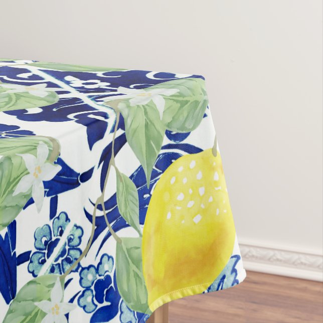 Country Watercolor Lemons & Blue Floral Tablecloth (In Situ)