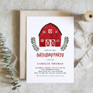 Country Watercolor Red Barn Farm Birthday Party Magnetic Invitation
