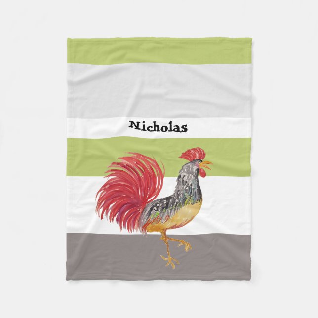 Country Watercolor Rooster Personalized Fleece Blanket (Front)