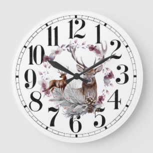 Country watercolor stag spring wreath large clock