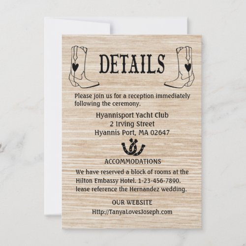 Country Wedding Details Wood Cowboy Boots Western Invitation