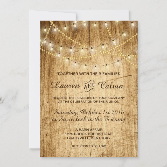 Country wedding invitation with string lights (Front)